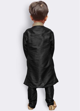 Black Art Dupion Silk Plain Work Kurta Pyjama for Kid