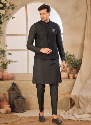 Black Art Silk Embroidered Work Kurta Payjama with Jacket
