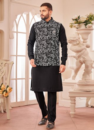 Black Art Silk Kurta Payjama with Jacket with Embroidered Work for Ceremonial