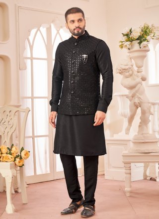 Black Art Silk Kurta Payjama with Jacket with Embroidered Work for Men