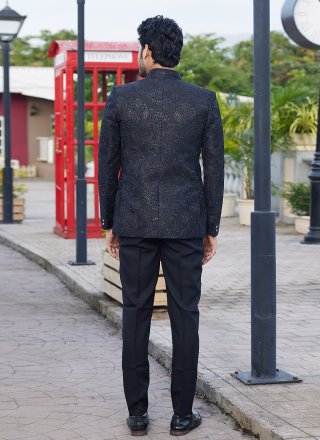 Black Art Silk Machine Embroidery and Thread Work Jodhpuri Jacket