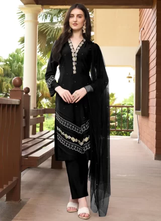 Black Art Silk Pant Style Suit with Embroidered and Moti Work