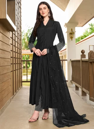 Black Art Silk Readymade Salwar Suit with Booti, Moti and Thread Work for Women