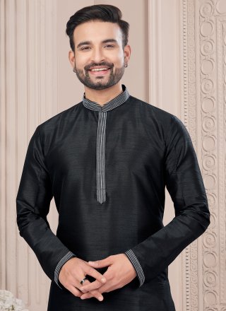Black Art Silk Thread Work Kurta Mens Wear