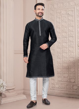 Black Art Silk Thread Work Kurta Mens Wear