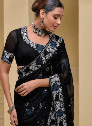 Black Banarasi Silk Trendy Saree with Embroidered and Moti Work