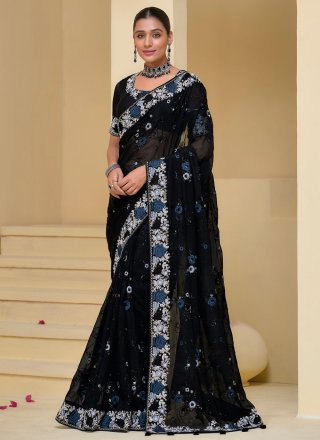 Black Banarasi Silk Trendy Saree with Embroidered and Moti Work