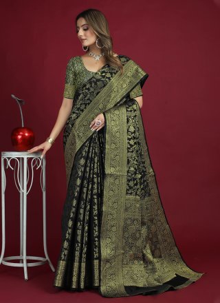 Black Banarasi Silk Woven Work Contemporary Sari