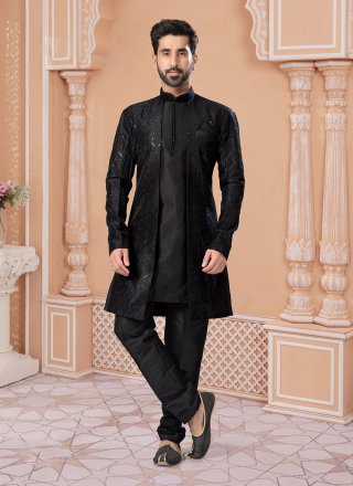 Black Banglori Silk Machine Embroidery, Stone and Thread Work Indo Western Sherwani for Ceremonial