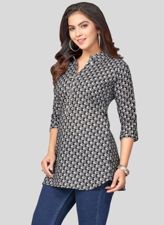 Black Blended Cotton Print Work Designer Kurti