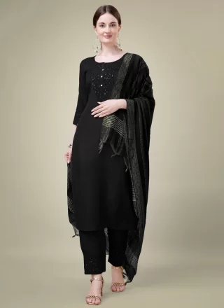 Black Blended Cotton Salwar Suit with Embroidered and Sequins Work for Casual