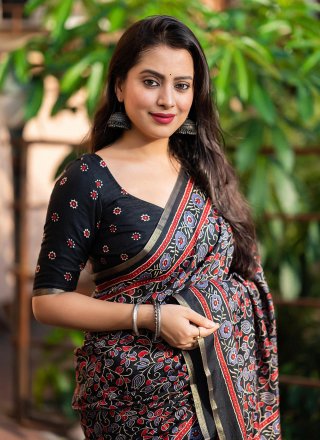 Black Blended Cotton Trendy Saree with Digital Print Work for Women