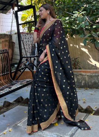 Black Booti, Jacquard and Lace Work Cotton Classic Sari