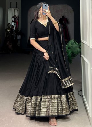 Black Chanderi Patch Border, Weaving and Zari Work Lehenga Choli for Ceremonial