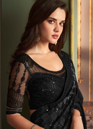 Black Chiffon Classic Saree with Embroidered and Sequins Work for Women