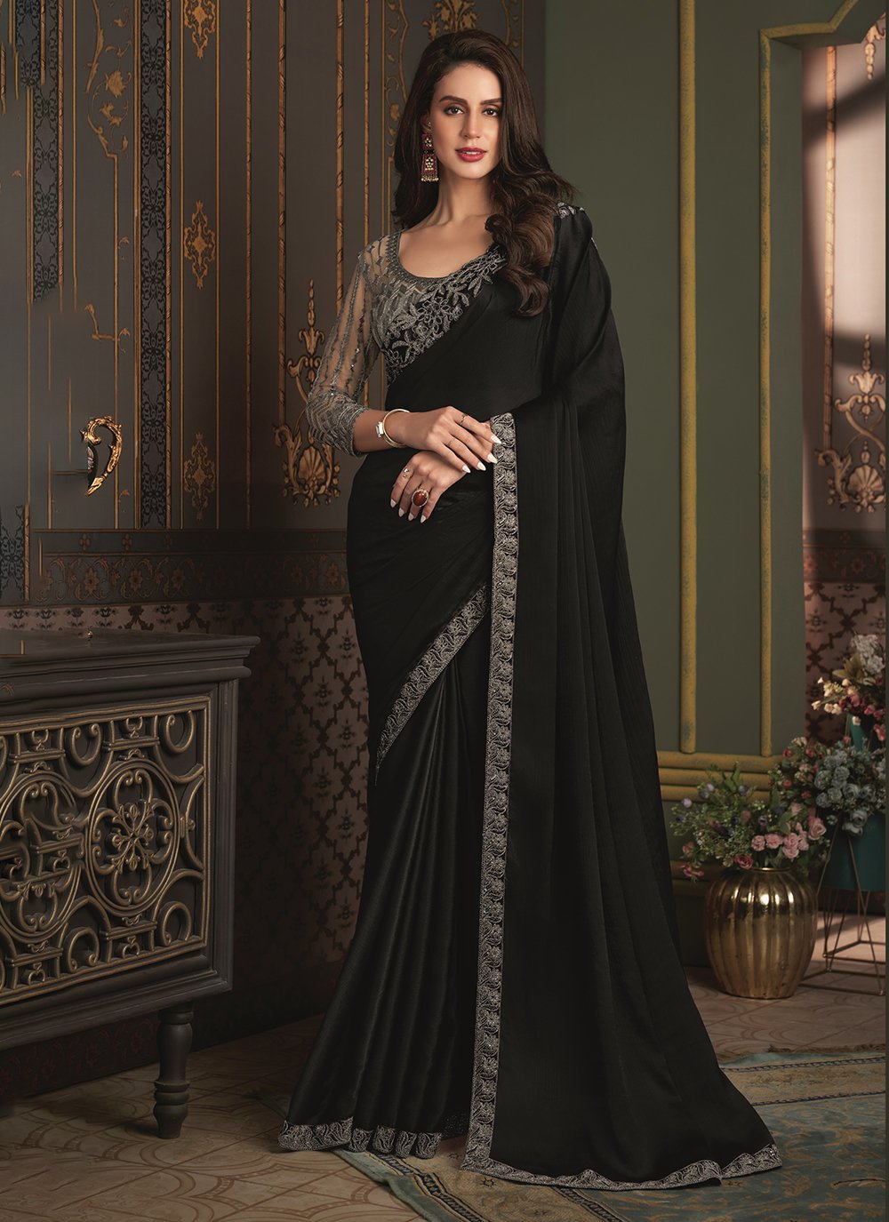 Amazon.com: Cocktail Party Wear Indian Women Fancy Chiffon Saree Pocho Silk  Blouse Hit Trending Designer Sari 1111 (Black) : Clothing, Shoes & Jewelry