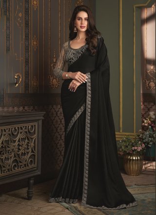 Black Chiffon Contemporary Saree with Patch Border and Embroidered Work
