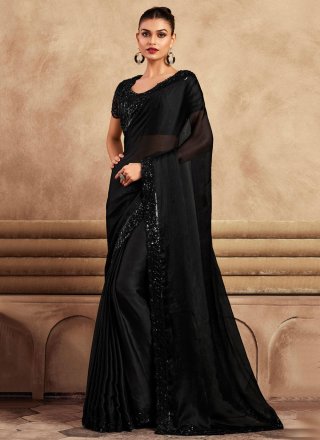 Black Chiffon Patch Border, Embroidered and Sequins Work Contemporary Sari for Engagement