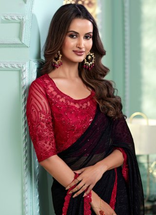 Black Chiffon Patch Border Work Trendy Saree for Ceremonial