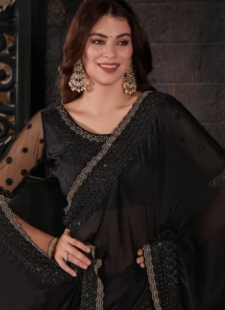 Black Chiffon Satin Classic Saree with Patch Border, Embroidered and Sequins Work for Women
