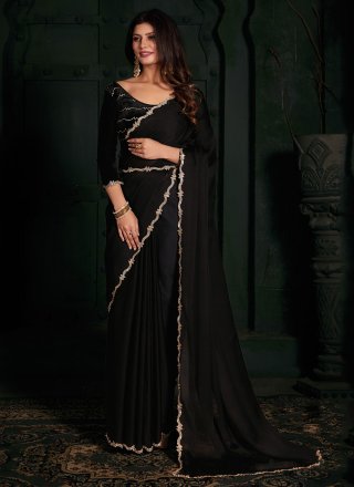 Black Chiffon Satin Classic Sari with Velvet Patch and Zircon Work