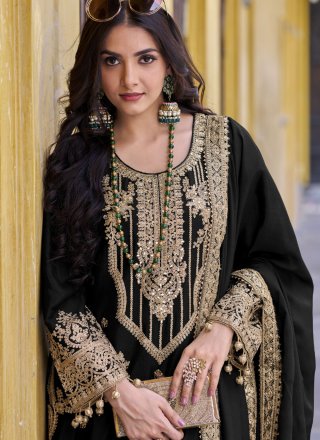 Black Chinon Beads, Embroidered and Sequins Work Pakistani Salwar Suit
