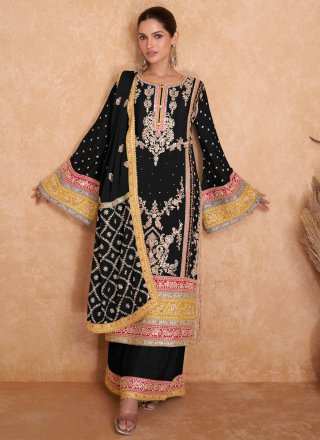 Black Chinon Embroidered and Mirror Work Salwar Suit