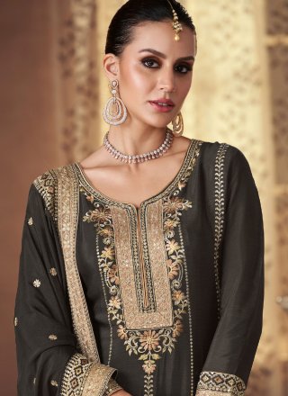Black Chinon Embroidered and Sequins Work Salwar Suit for Engagement