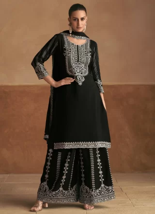 Black Chinon Readymade Salwar Suit with Embroidered Work for Women