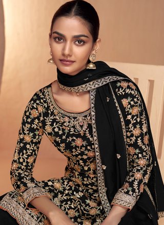 Black Chinon Salwar Suit with Embroidered Work for Ceremonial