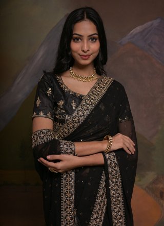 Black Cord, Embroidered and Sequins Work Georgette Trendy Saree