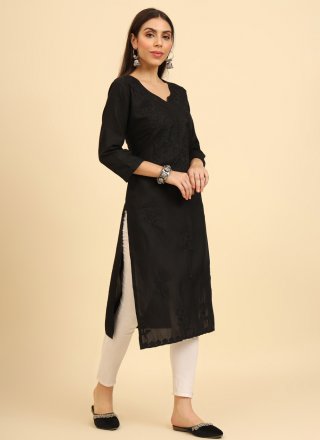 Black Cotton Chikankari, Embroidered and Lucknowi Work Work Party Wear Kurti for Casual