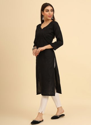 Black Cotton Chikankari, Embroidered and Lucknowi Work Work Party Wear Kurti for Casual