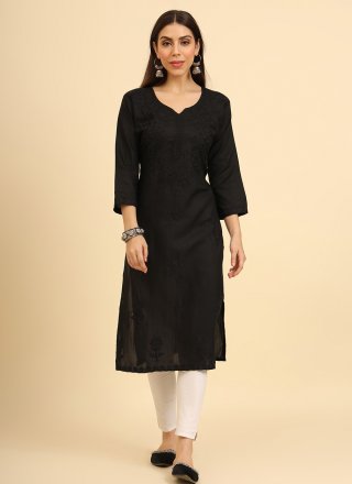 Black Cotton Chikankari, Embroidered and Lucknowi Work Work Party Wear Kurti for Casual