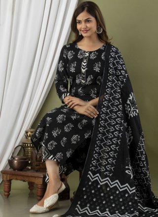 Black Cotton Embroidered and Print Work Readymade Salwar Suit