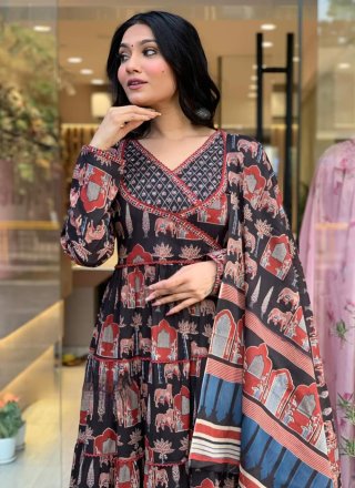 Black Cotton Embroidered and Print Work Salwar Suit for Women