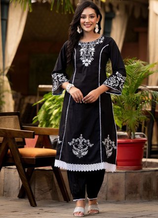 Black Cotton Embroidered Work Salwar Suit for Ceremonial