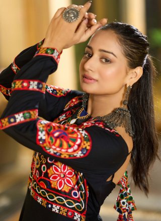 Black Cotton Floor Length Kurti with Embroidered Work for Ceremonial