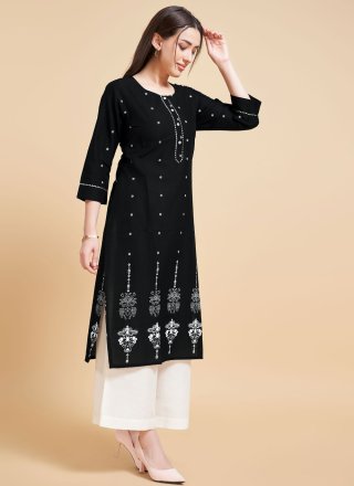 Black Cotton Foil Print Work Designer Kurti for Women