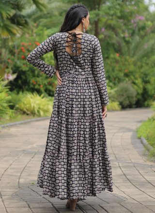 Black Cotton Mirror and Print Work Gown