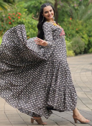 Black Cotton Mirror and Print Work Gown