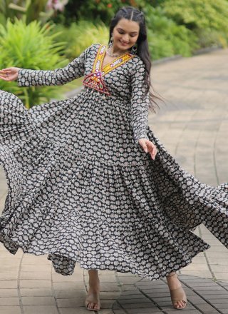 Black Cotton Mirror and Print Work Gown