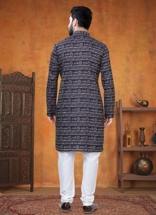 Black Cotton Print Work Kurta Pyjama for Ceremonial