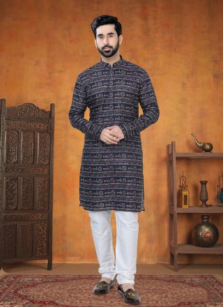 Black Cotton Print Work Kurta Pyjama for Ceremonial