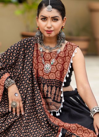 Black Cotton Readymade Lehenga Choli with Print Work