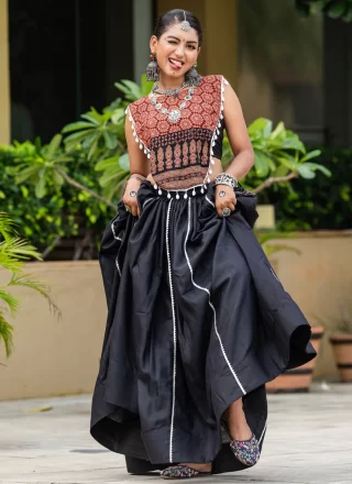 Black Cotton Readymade Lehenga Choli with Print Work