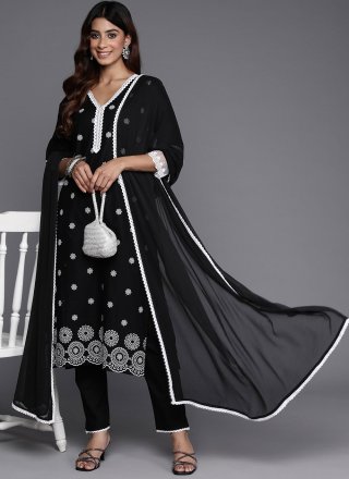 Black Cotton Readymade Salwar Suit with Embroidered Work for Ceremonial