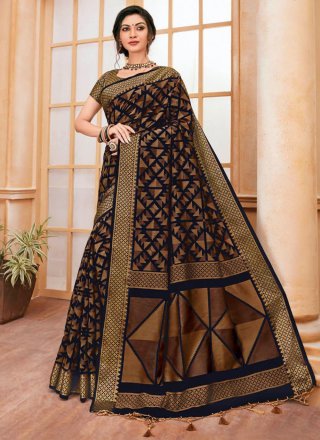 Combination of pure tassar silk and black semi silk saree with warli p –  Sujatra