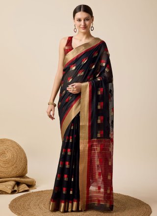 Black Cotton Silk Weaving Work Classic Sari