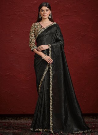 Black Crepe Silk Embroidered and Moti Work Designer Sari
